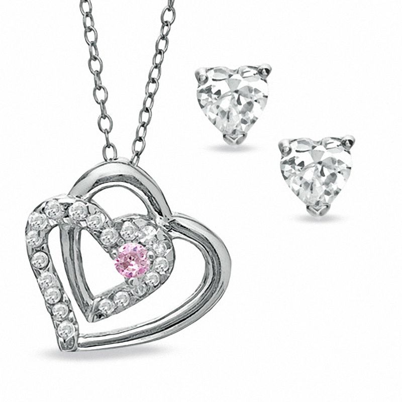 Pink and White Cubic Zirconia Intertwined Heart Pendant and Stud Earrings Set in Sterling Silver