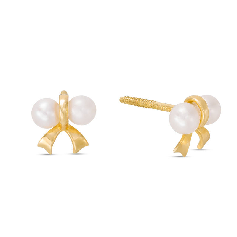 Child's Cultured Freshwater Pearl Bow Stud Earrings in 14K Gold