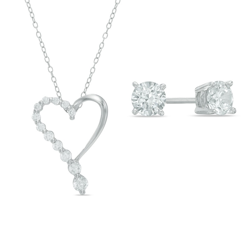 Cubic Zirconia Solitaire Stud Earrings and Heart Pendant Set in Sterling Silver