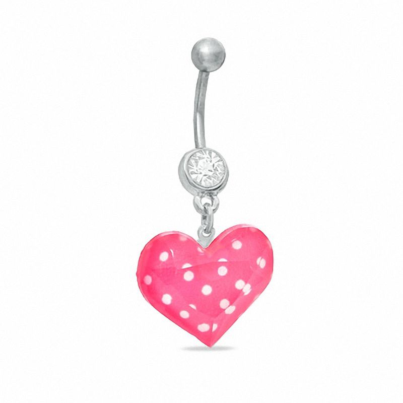 014 Gauge Pink and White Polka Dot Heart Dangle Belly Button Ring with Cubic Zirconia in Stainless Steel