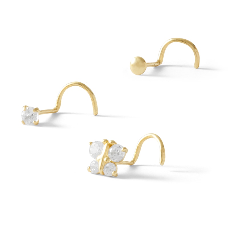 14K Semi-Solid, Hollow, and Solid Gold CZ Nose Stud Set - 22G