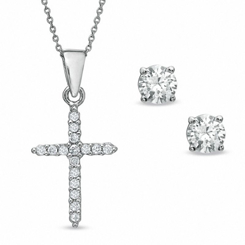 Cubic Zirconia Cross Pendant and Stud Earrings Set in Sterling Silver