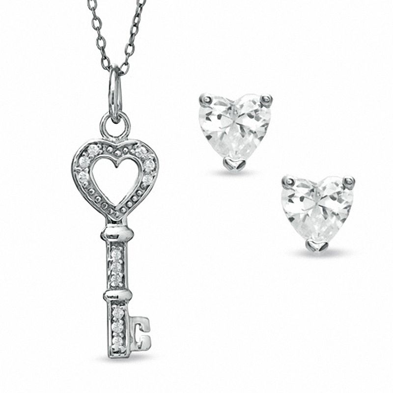 Cubic Zirconia Heart Key Pendant and Heart-Shaped Stud Earrings Set in Sterling Silver