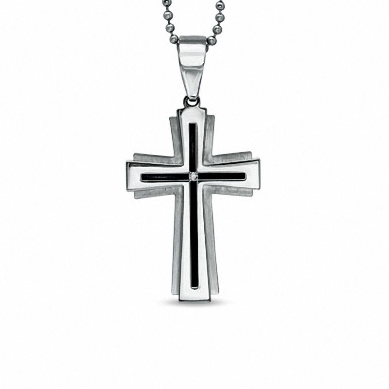 Diamond Accent Layered Cross Pendant in Stainless Steel - 24"