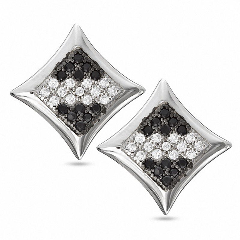 Black and White Cubic Zirconia Concave Curved Square Stud Earrings in Sterling Silver