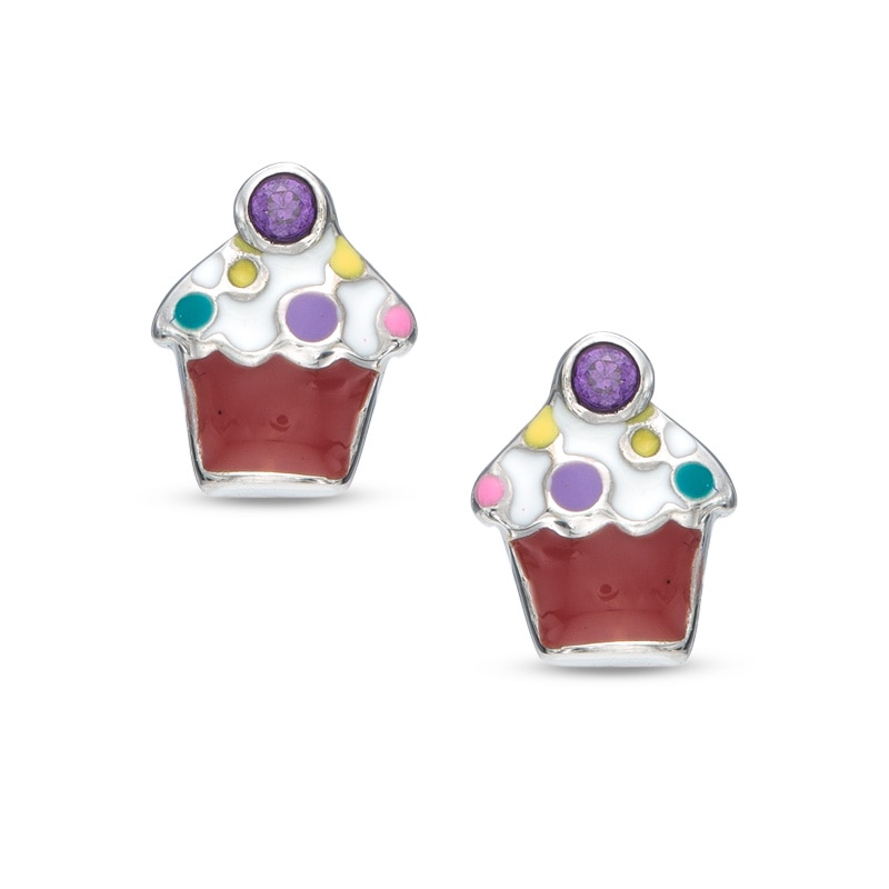 Child's Enamel Cupcake Stud Earrings with Purple Cubic Zirconia in Sterling Silver
