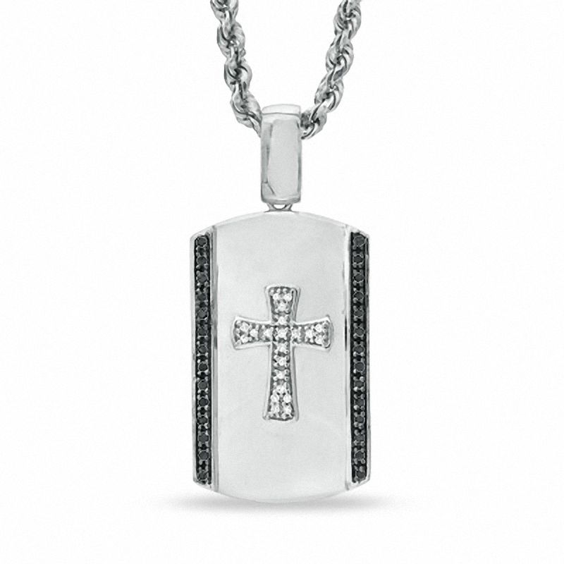 1/4 CT. T.W. Enhanced Black and White Diamond Cross Dog Tag Pendant in Sterling Silver - 22"