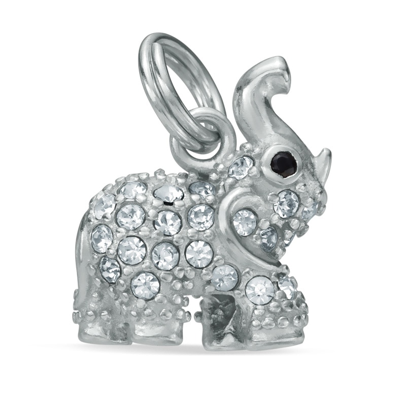Black Cubic Zirconia and White Crystal Elephant Dangle Charm in Sterling Silver