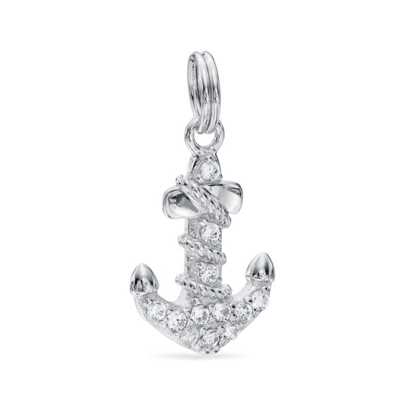 Cubic Zirconia Rope Wrapped Anchor Dangle Charm in Sterling Silver