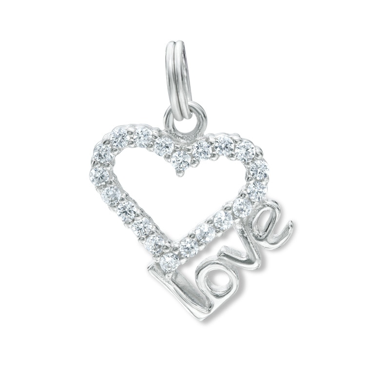 Cubic Zirconia Heart Outline with "Love" Dangle Charm in Sterling Silver