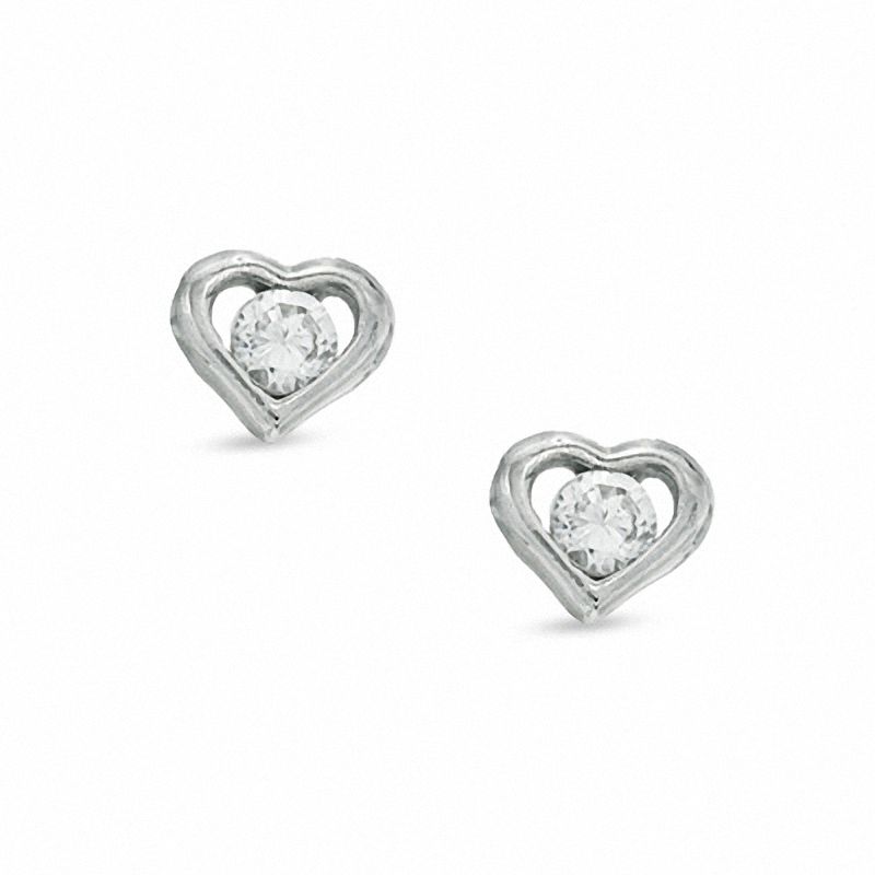 Child's Cubic Zirconia Heart Stud Earrings in 10K White Gold