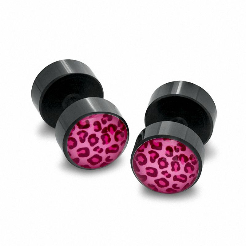 Fake 016 Gauge Pink Cheetah Plugs in Black Stainless Steel