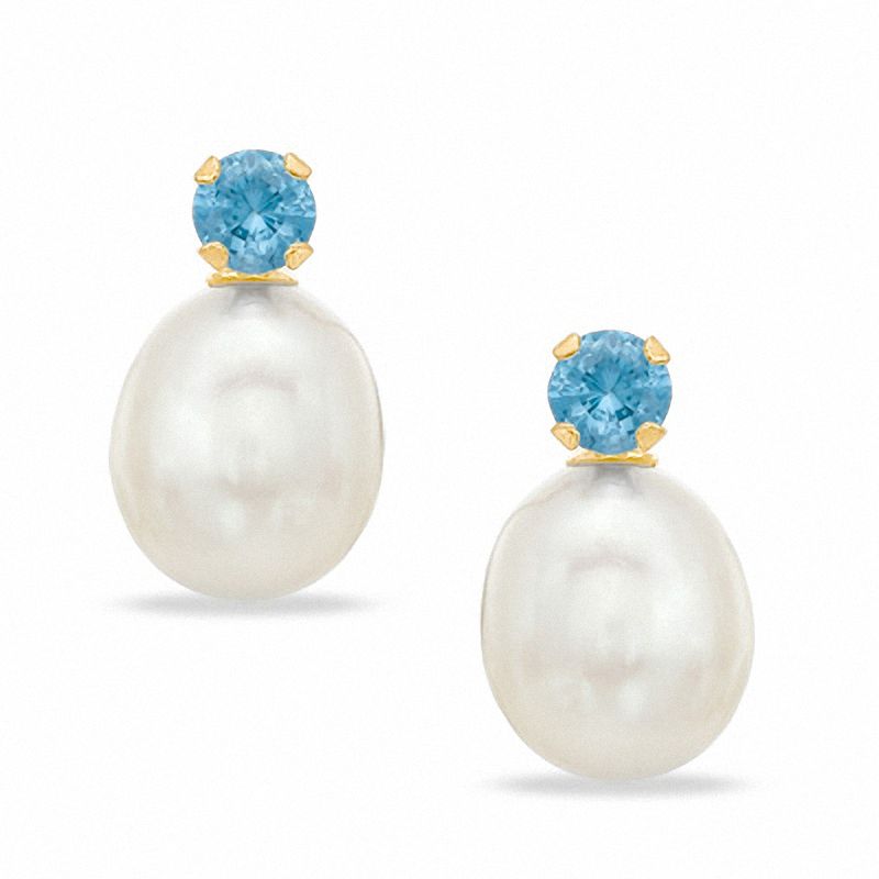 Cultured Freshwater Pearl and Lab-Created Blue Zircon Stud Earrings in 10K Gold