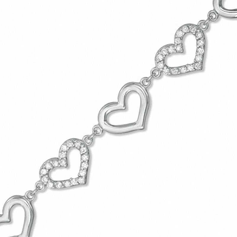 Cubic Zirconia and Polished Hearts Link Bracelet in Sterling Silver - 7.75"