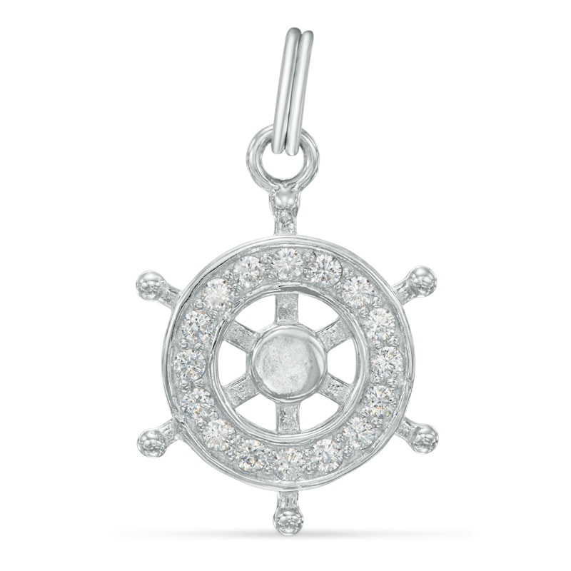 Cubic Zirconia Ship Helm Dangle Charm in Sterling Silver