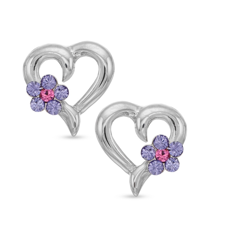 Child's Blue Crystal Flower with Heart Stud Earrings in Sterling Silver