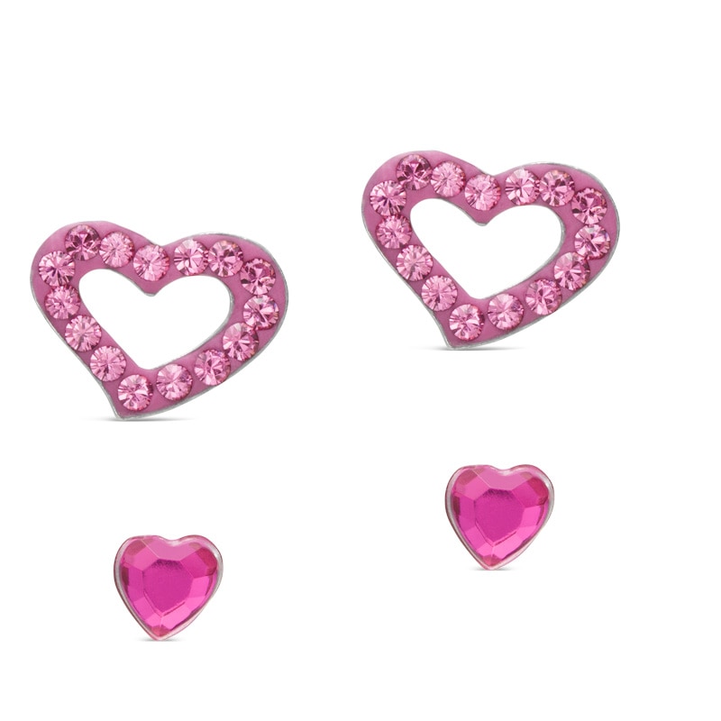Child's Pink Crystal Heart Earrings Two Piece Set in Sterling Silver