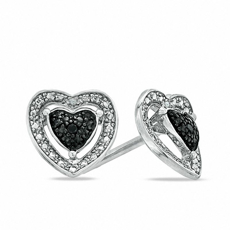 Enhanced Black and White Diamond Accent Heart Stud Earrings in Sterling Silver