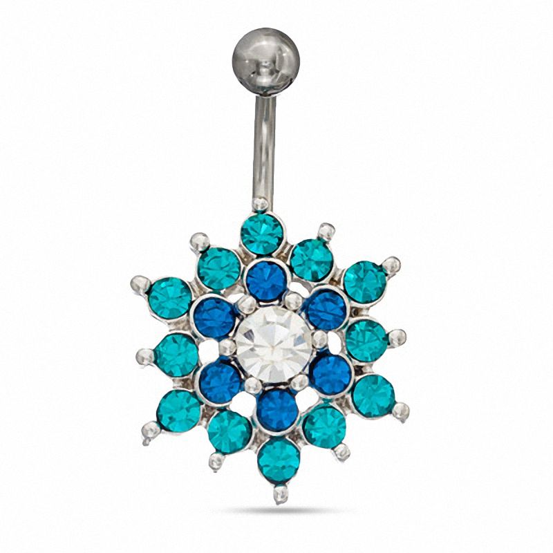 014 Gauge Flower Belly Button Ring with Blue Zircon and Blue Crystals in Stainless Steel