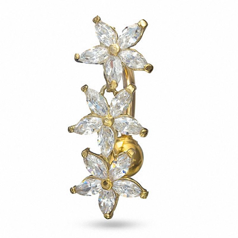 10K Semi-Solid Gold CZ Triple Flower Belly Button Ring - 14G 3/8"
