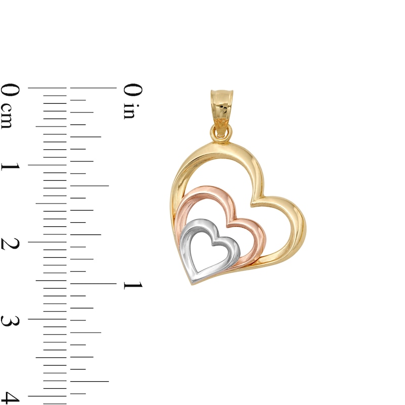 Tilted Triple Heart Tiered Tri-Tone Necklace Charm in 10K Solid Gold