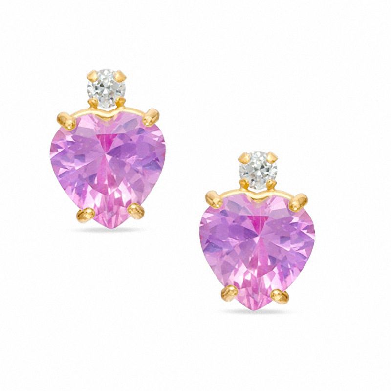 6mm Heart-Shaped Lab-Created Pink Sapphire and Cubic Zirconia Stud Earrings in 10K Gold