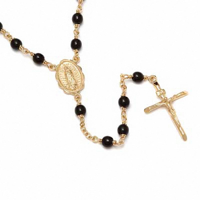 Black Beaded Rosary Necklace in Brass with 14K Gold Plate - 26"