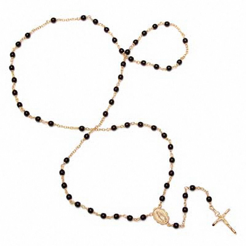 Black Beaded Rosary Necklace in Brass with 14K Gold Plate - 26"