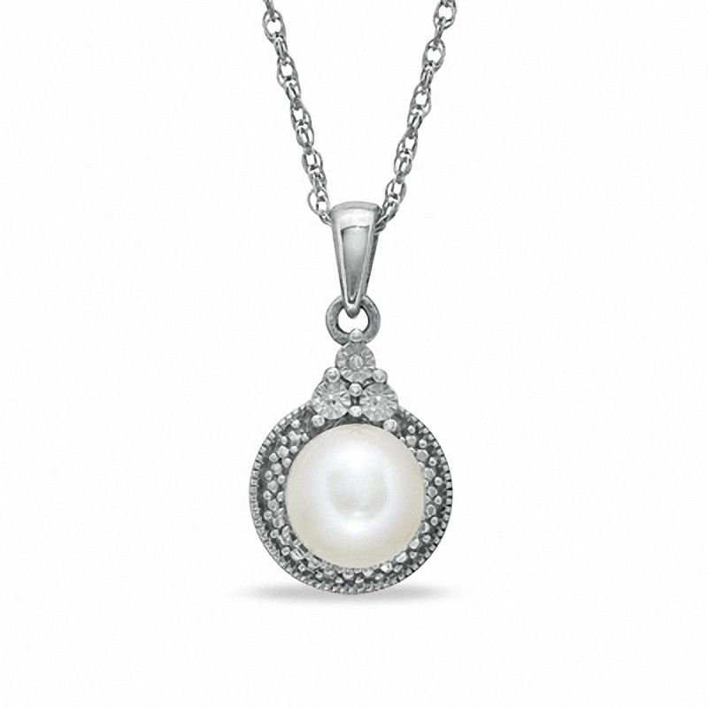 7 - 7.25mm Cultured Freshwater Pearl and Diamond Accent Pendant in Sterling Silver
