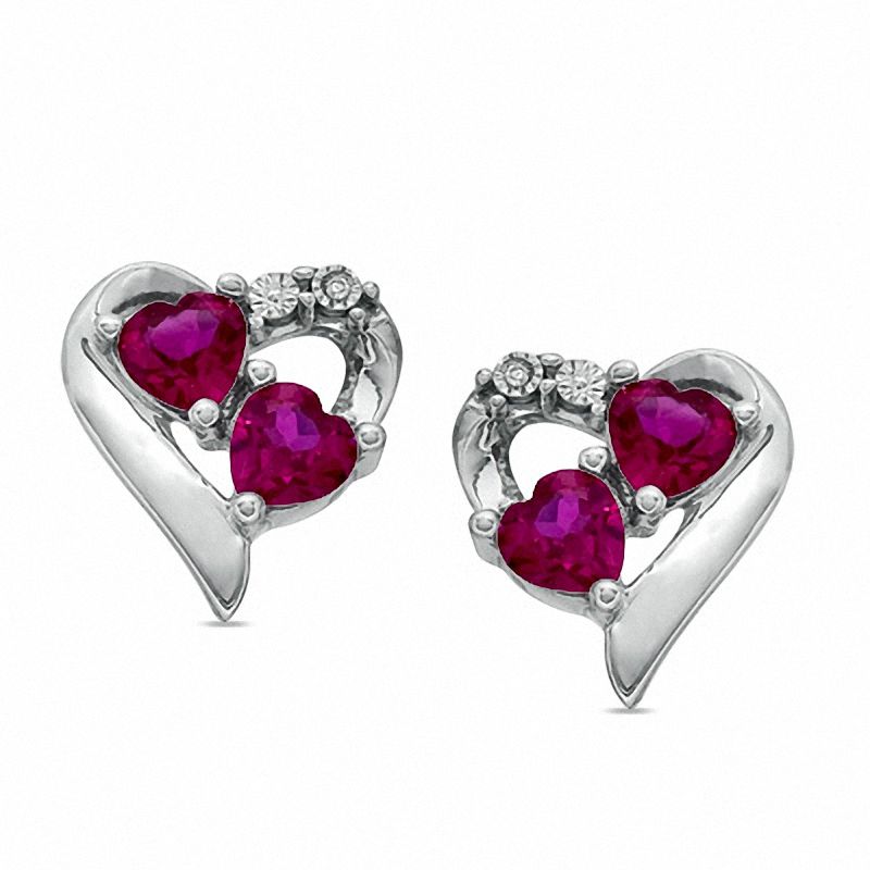 4mm Double Heart-Shaped Lab-Created Ruby and Diamond Accent Earrings in Sterling Silver