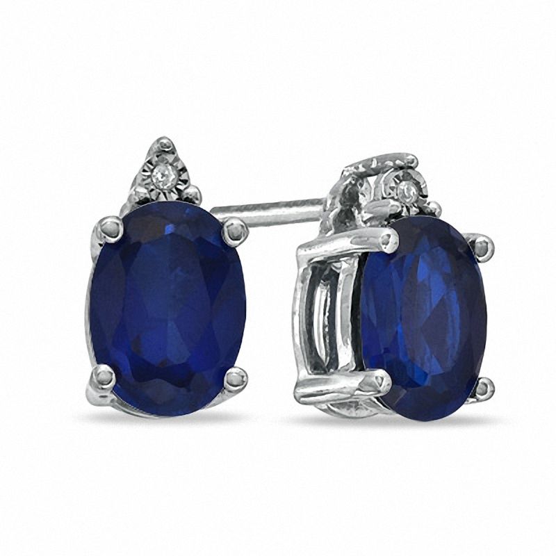 Oval Lab-Created Sapphire and Diamond Accent Earrings in Sterling Silver