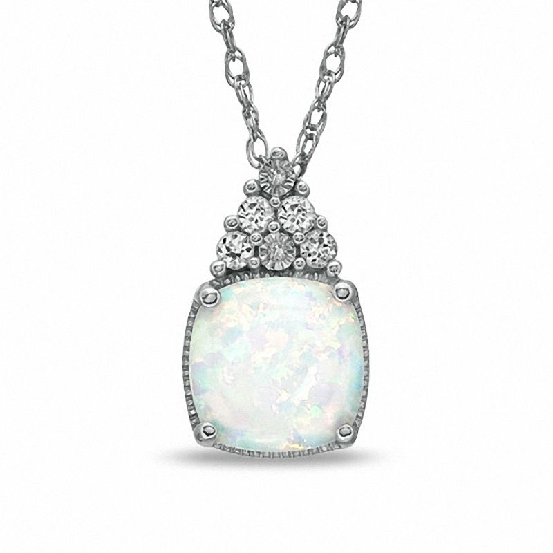 8mm Cushion-Cut Lab-Created Opal, White Sapphire and Diamond Accent Pendant in Sterling Silver