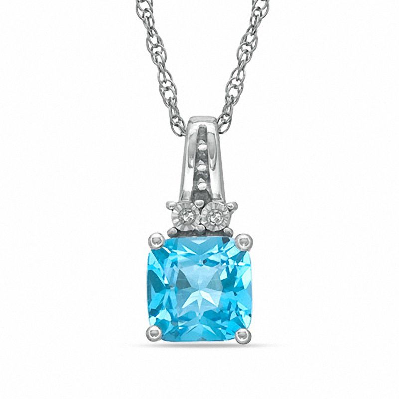 7mm Cushion-Cut Blue Topaz and Diamond Accent Pendant in Sterling Silver