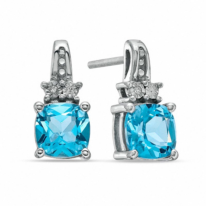 6mm Cushion-Cut Blue Topaz and Diamond Accent Earrings in Sterling Silver