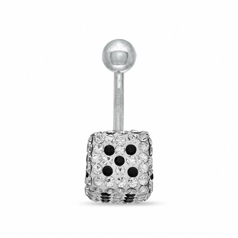 014 Gauge Belly Button Ring with Black and White Crystal Dice in Stainless Steel