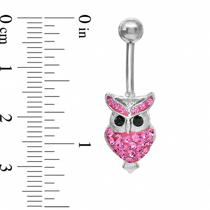 014 Gauge Owl Belly Button Ring with Pink Crystals in Stainless Steel