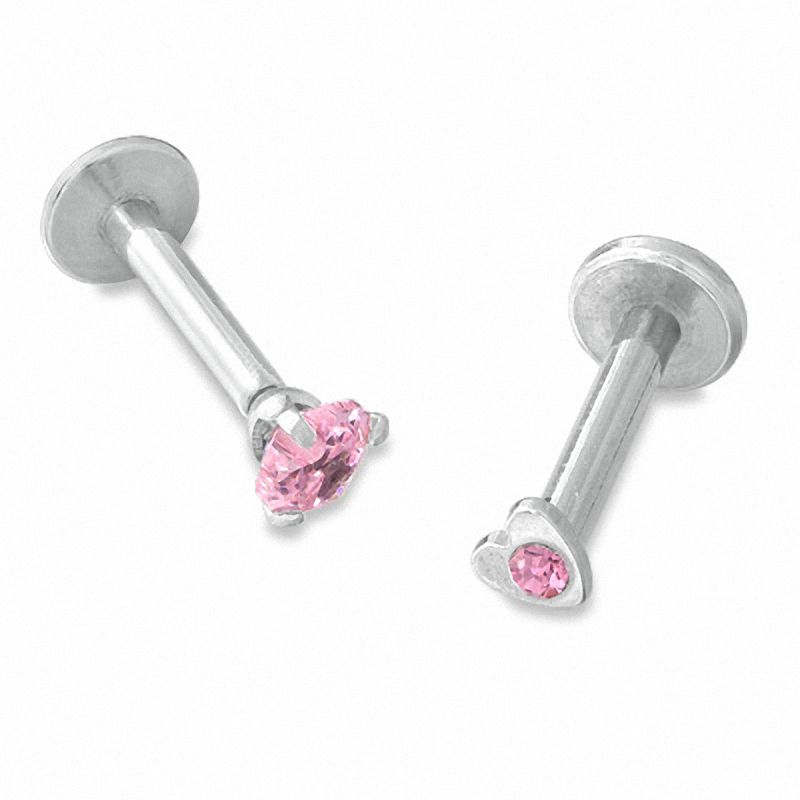 016 Gauge Heart Labret Set with Pink Crystals in Stainless Steel
