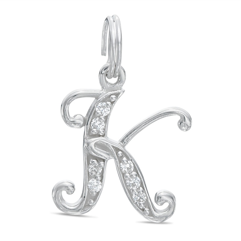 Cubic Zirconia Calligraphy Initial "K" Bracelet Charm in Sterling Silver
