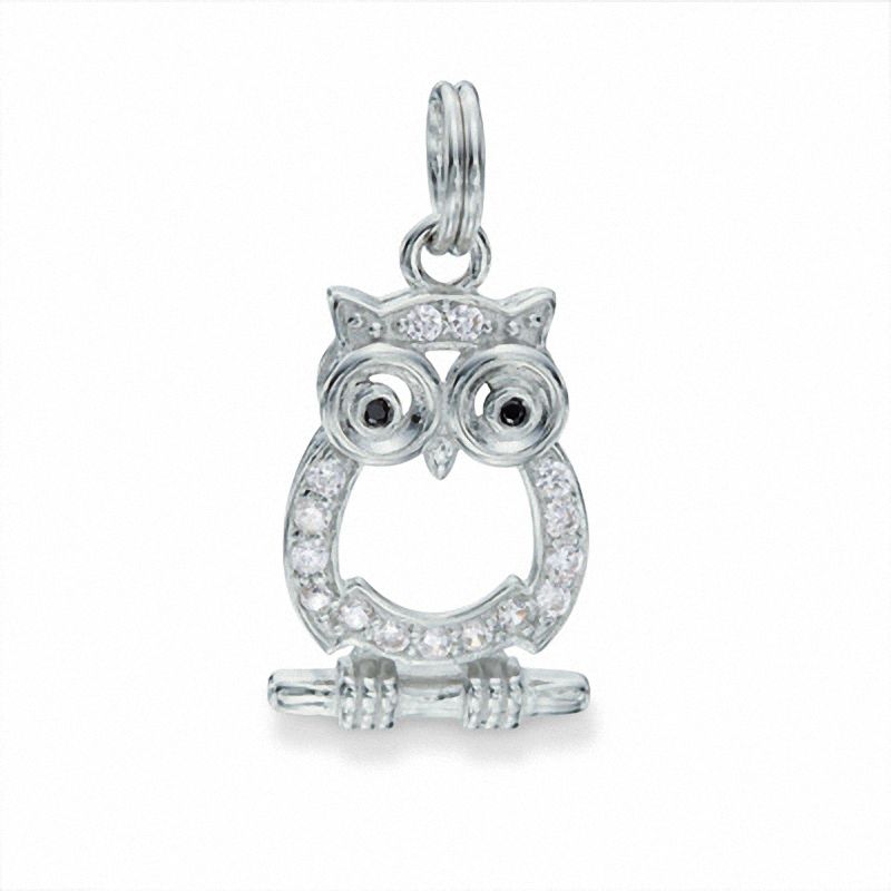 Black and White Cubic Zirconia Open Owl Dangle Charm in Sterling Silver