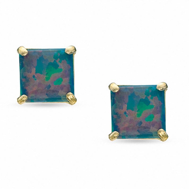 5.0mm Princess-Cut Simulated Black Opal Stud Earrings in 10K Gold