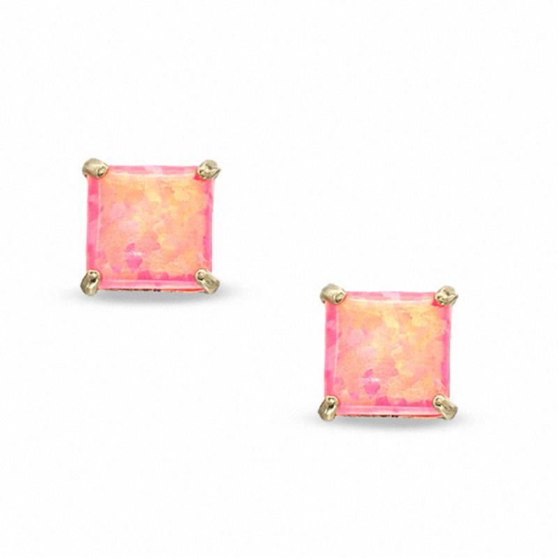 5mm Square Hot Pink Synthetic Opal Stud Earrings in 10K Gold