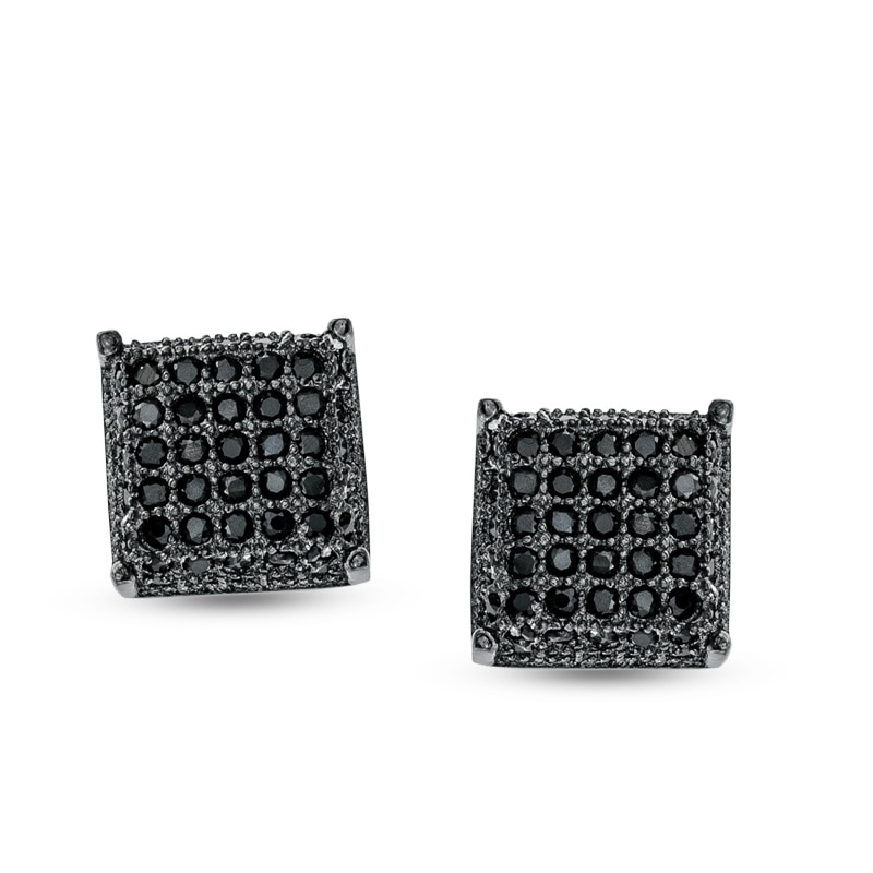 Black Cubic Zirconia Square Cluster Stud Earrings in Sterling Silver with Black Rhodium