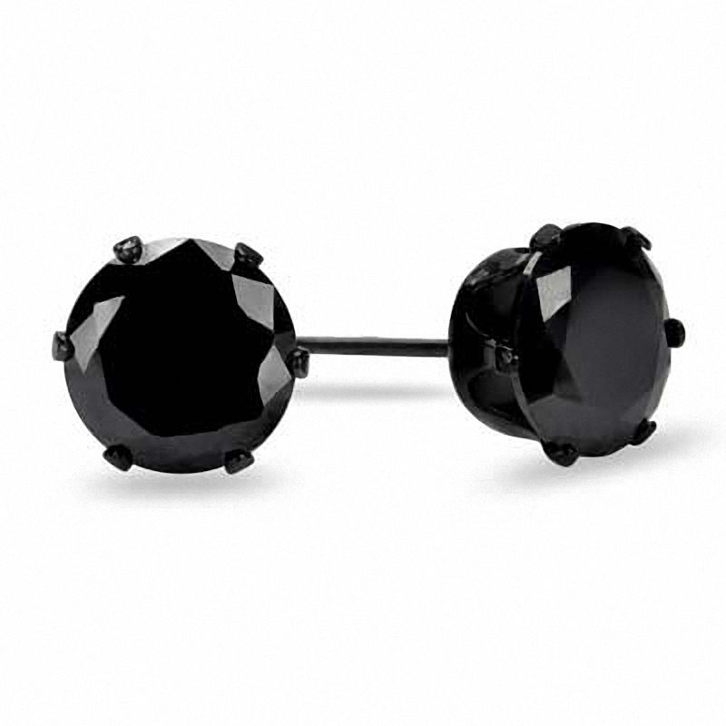 8mm Black Cubic Zirconia Stud Earrings in Black IP Stainless Steel