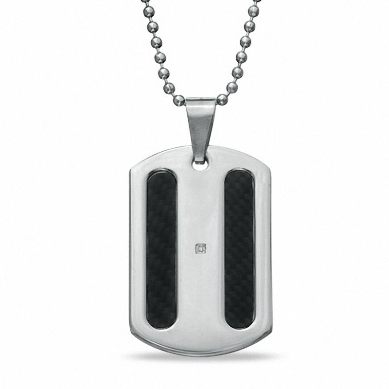 Diamond Accent Dog Tag Pendant in Stainless Steel with Carbon Fiber Inlay - 24"
