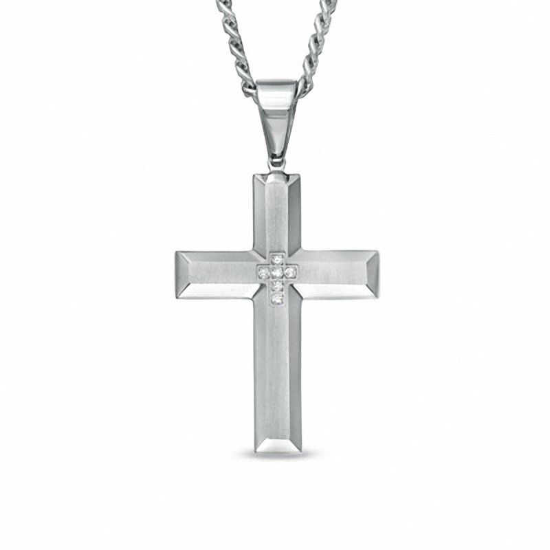 Diamond Accent Beveled Cross Pendant in Stainless Steel - 24"