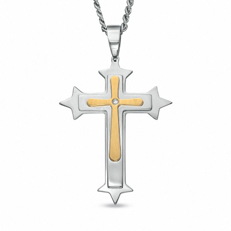 Diamond Accent Gothic Cross Pendant in Two-Tone Stainless Steel - 24"