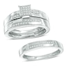 Thumbnail Image 0 of 1/8 CT. T.W. Diamond Square Cluster Wedding Ensemble in Sterling Silver - Size 7 and 10.5