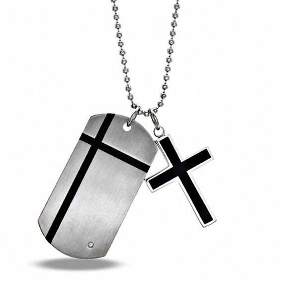 Men's Cubic Zirconia Cross Dog Tag Pendant in Stainless Steel - 24 ...