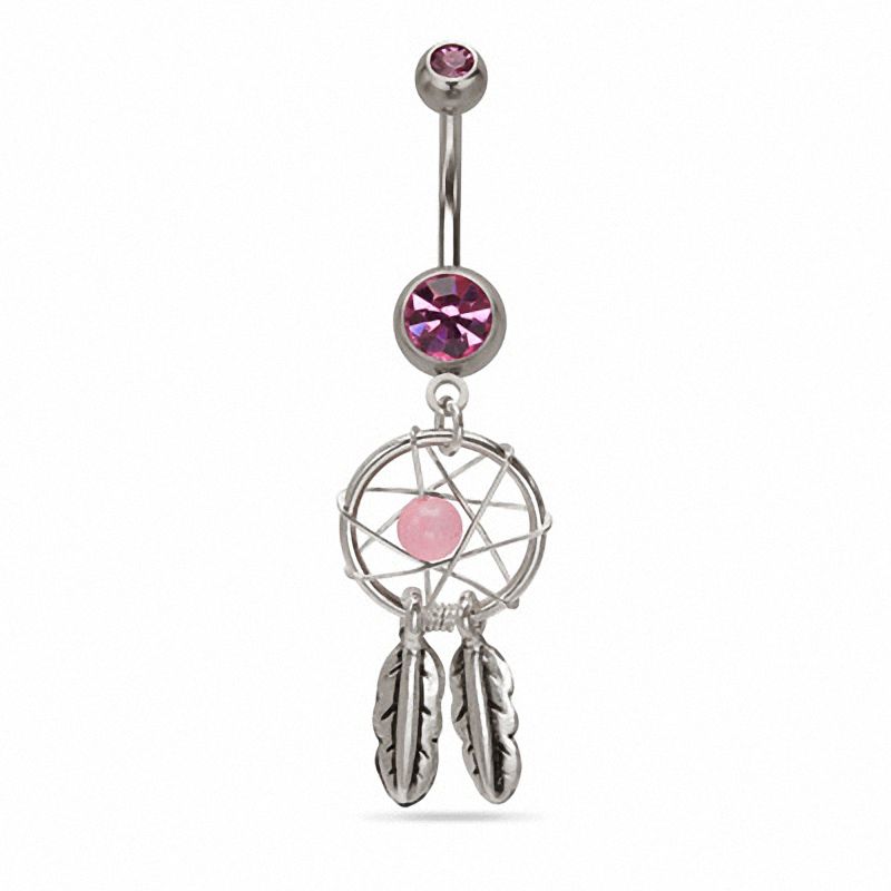 014 Gauge Dream Catcher Dangle Belly Button Ring with Pink Crystals in Stainless Steel