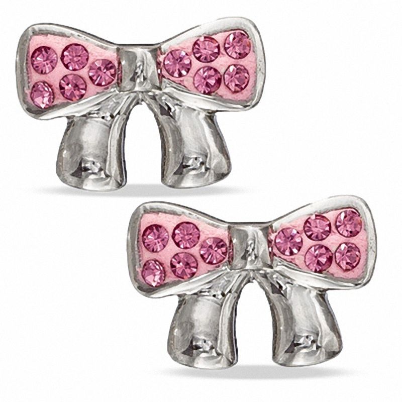 Child's Pink Crystal Bow Stud Earrings in Sterling Silver